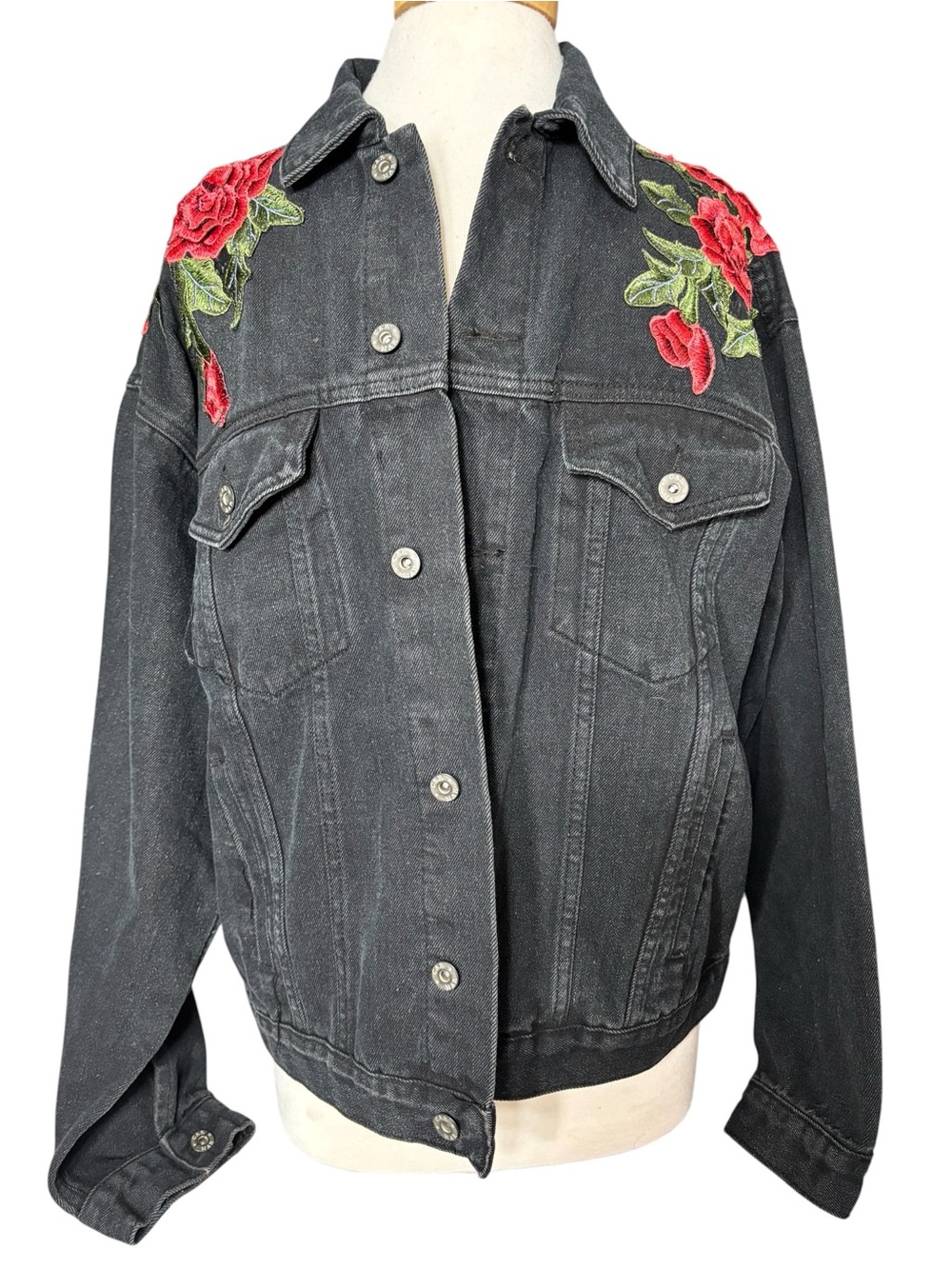 Carmar Black Denim Jacket with Red Rose Embroidery Size M - Picture 2 of 6